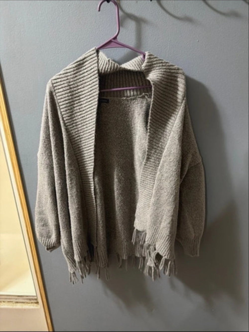 Adrienne Vittadini Taupe Open-Front Fringe Cardigan